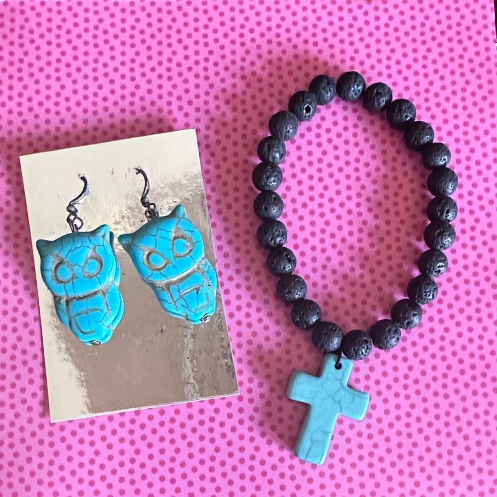 NWT Turquoise Owl Earrings and Black Beaded Cross Bracelet Set